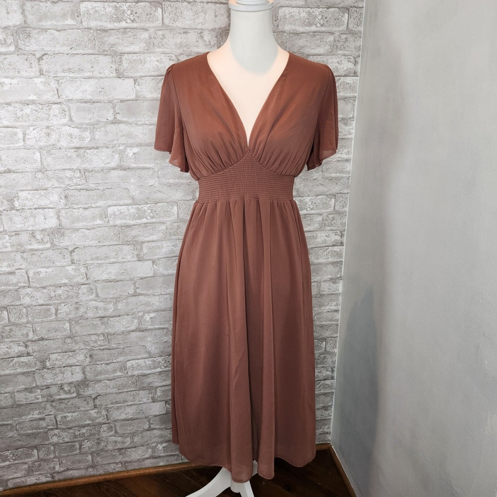Baltic Born Sarah Smocked Midi Dress Rosy‎ Brown Flutter Sleeve Boho Small